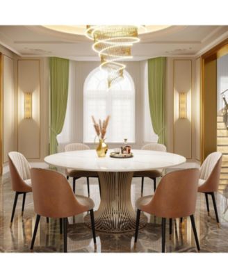 59" Sintered Stone Round Dining Table for 6-8: Luxury table with steel pedestal for dining room, living room. (Table only)