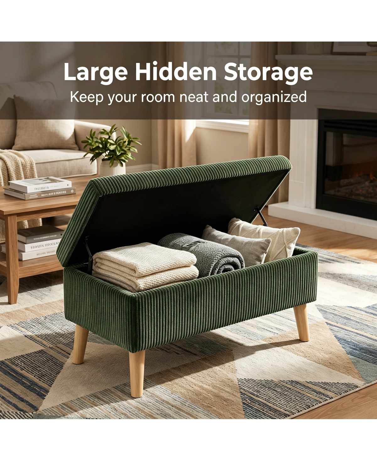 Streamdale Furniture 32" Corduroy Storage Ottoman Bench with Wooden Legs