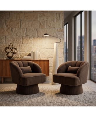 360degree(s) Swivel Barrel Chair Set of 2, Ultra-Plush Corduroy Seat with Cloud-Like Padding and Striped Backrest, Round Armchair