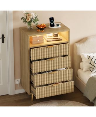 4 Drawers Dresser 28" Wooden Unit with LED and Charging, Fluted Night Stand Handle, Modern Dressers for Closet, Living Room, Hallway