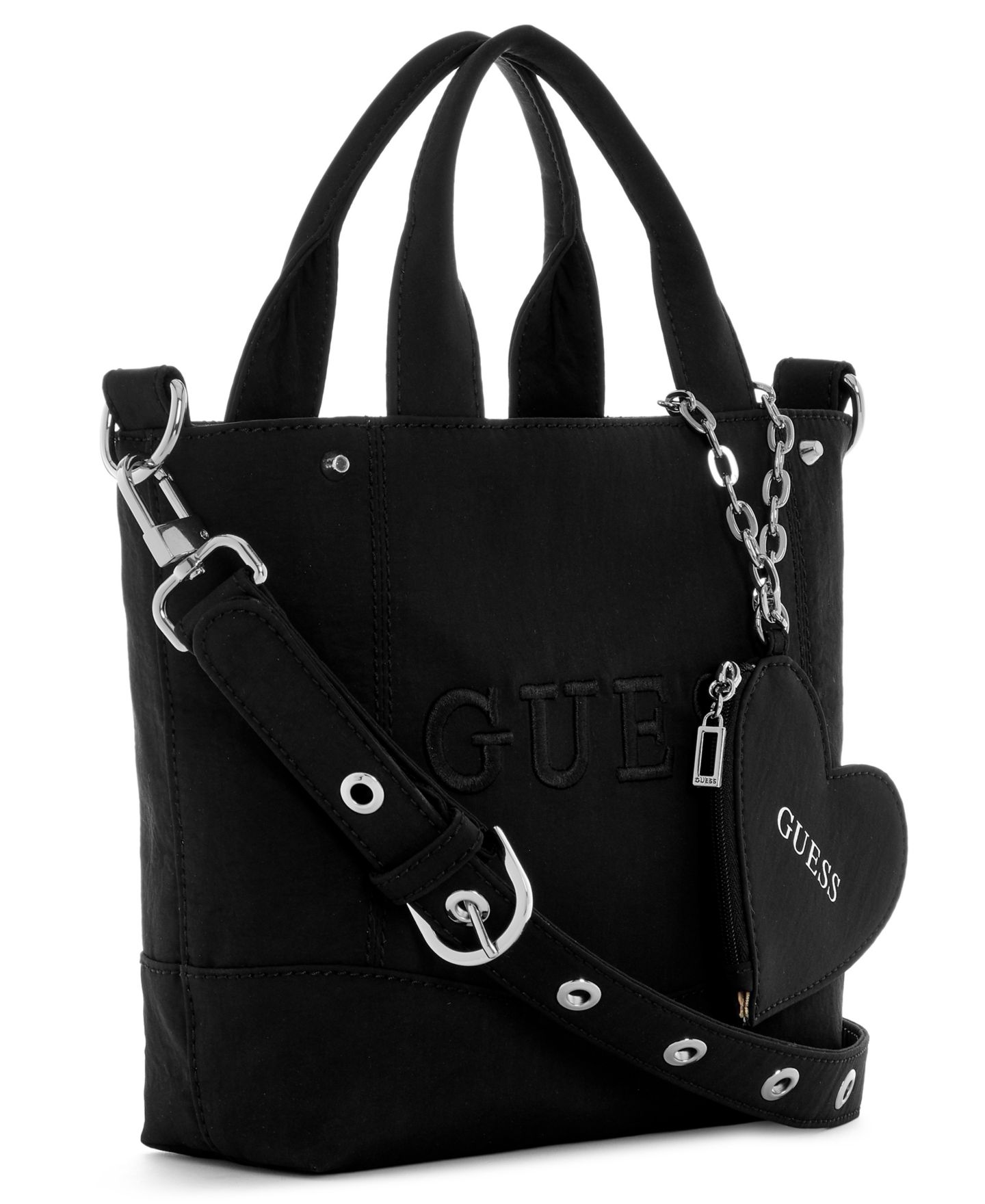Женская сумка GUESS Sasha Small Heart Charm Tote Handbag, цвет: Чёрный — фото 3