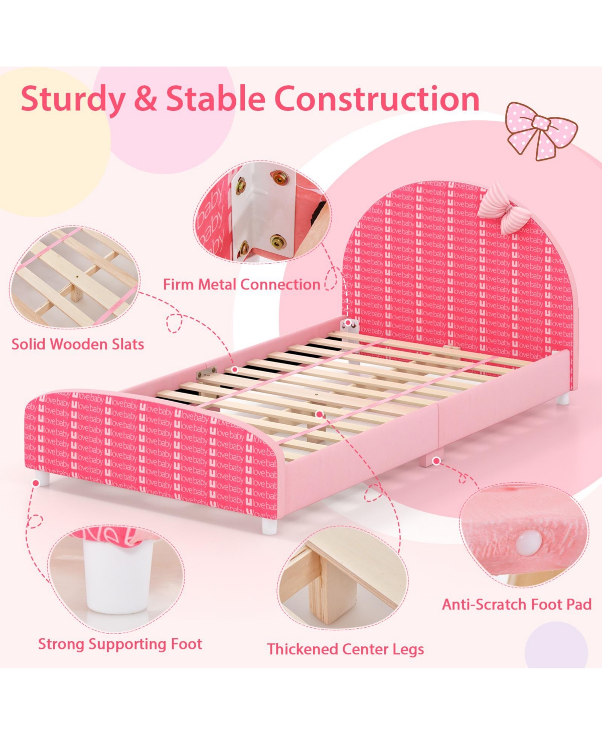 Gouun Wood Upholstered Twin Bed Platform with Slat Support