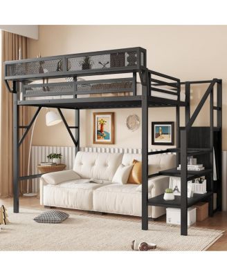 Twin Size Metal Loft Bed with Stairs, Storage Shelves, and Wardrobe