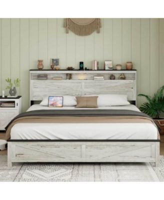 King Size Bed Frame with Wooden Headboard, Hidden Under-Bed Storage, USB Charging Station, No Box Spring Needed