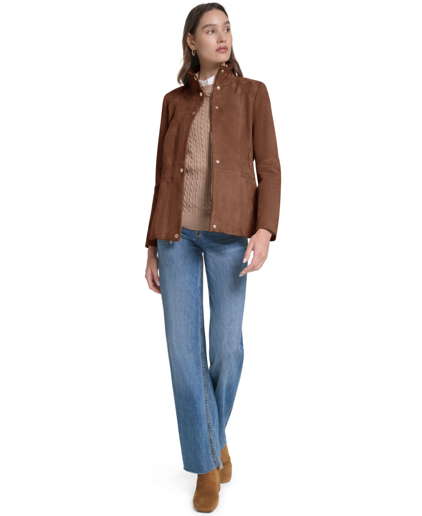 Женская куртка Cole Haan Suede Zip Up Jacket with Stitch Detailing, цвет: Шоколадный — фото 2