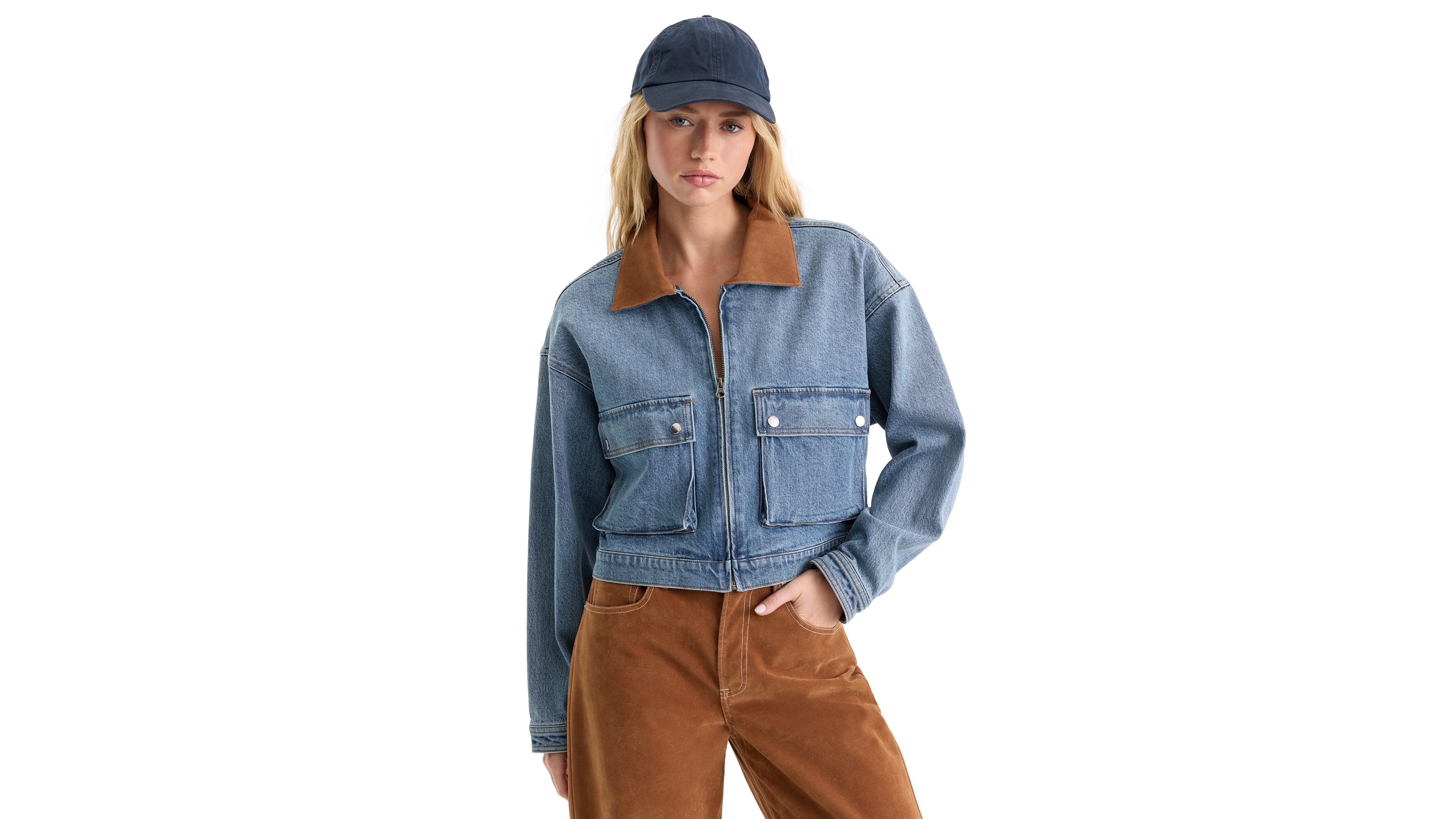 Good American Women's Collared Button-Front Denim Jacket