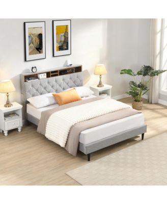 Queen Size Upholstered Platform Bed Frame with Button-Tufted Linen Headboard, USB Ports, Charging Station, Side Pockets