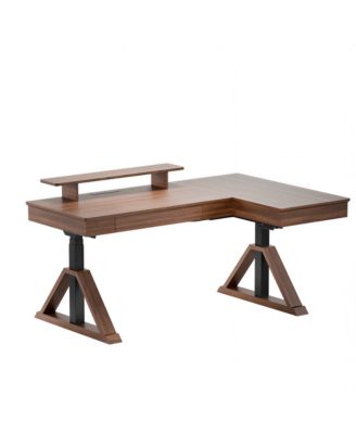 Fusion Retro 70" L-Shaped Electric Height Adjustable Standing Desk For Home Office-Walnut Veneer