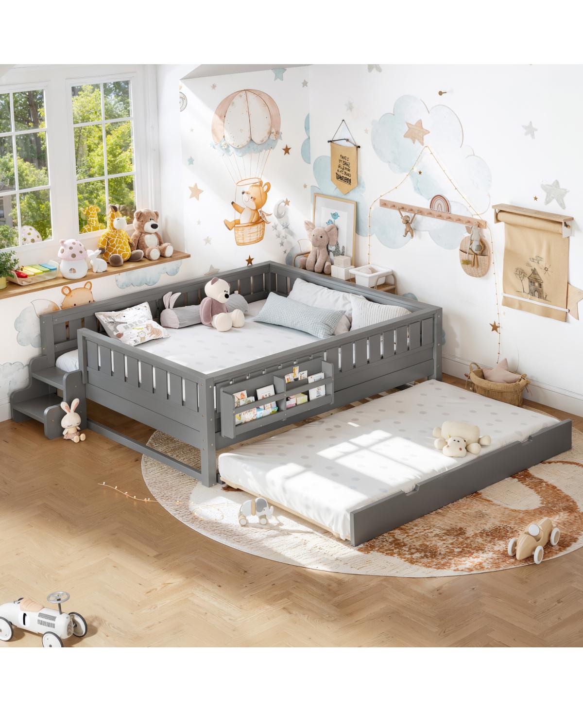 Streamdale Furniture Queen Bed with Bookshelves, Staircase, Safety Rails, and Trundle