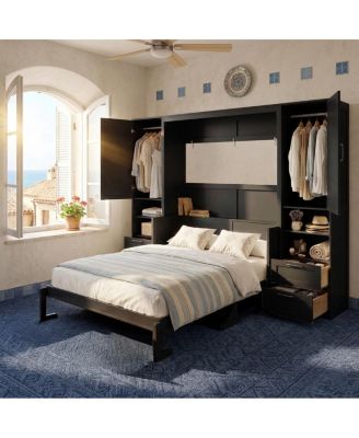 Queen Size Murphy Bed with Closet, Drawers, and Shelves - Oak Veneer