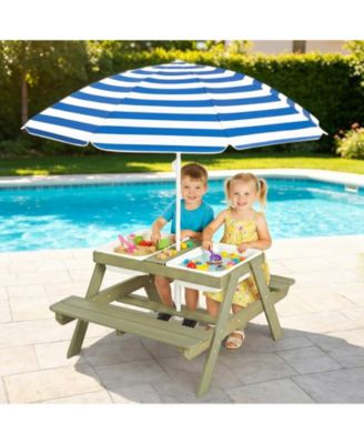 4 in 1 Kids Sand and Water Table, Wooden Sensory Activity Table with Removable Umbrella for Toddlers