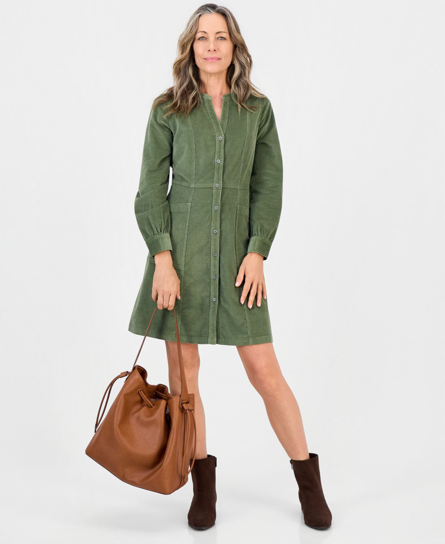 Женское платье Style & Co Petite Long-Sleeve Corduroy, цвет: Зелёный — фото 3