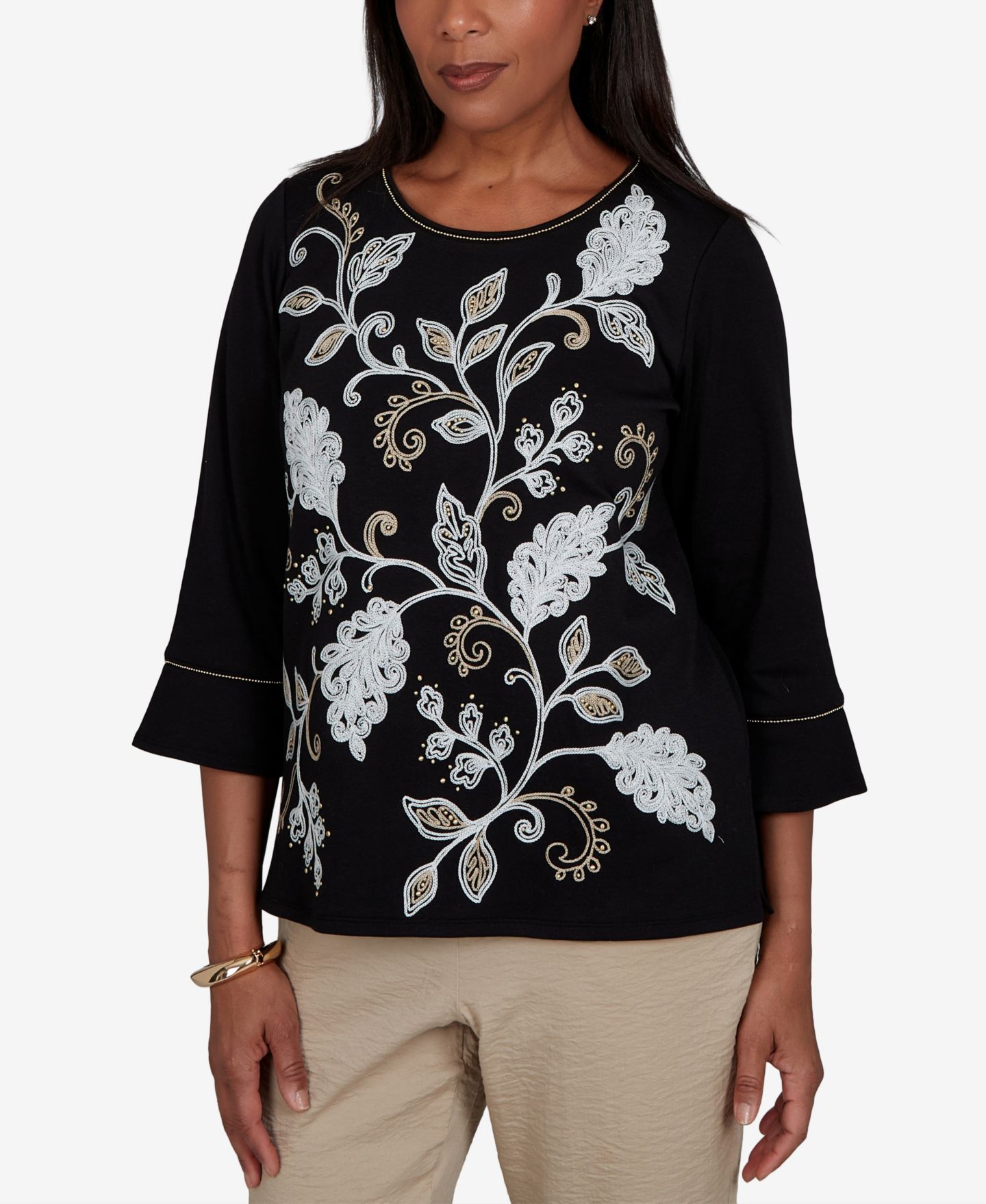 Женский топ Alfred Dunner Travel Advisory Scroll Leaf Embroidered, цвет: Эбеновый — фото 2