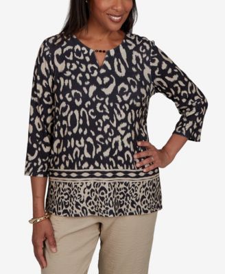 Women's Travel Advisory Animal Print Split Neck Knit Top