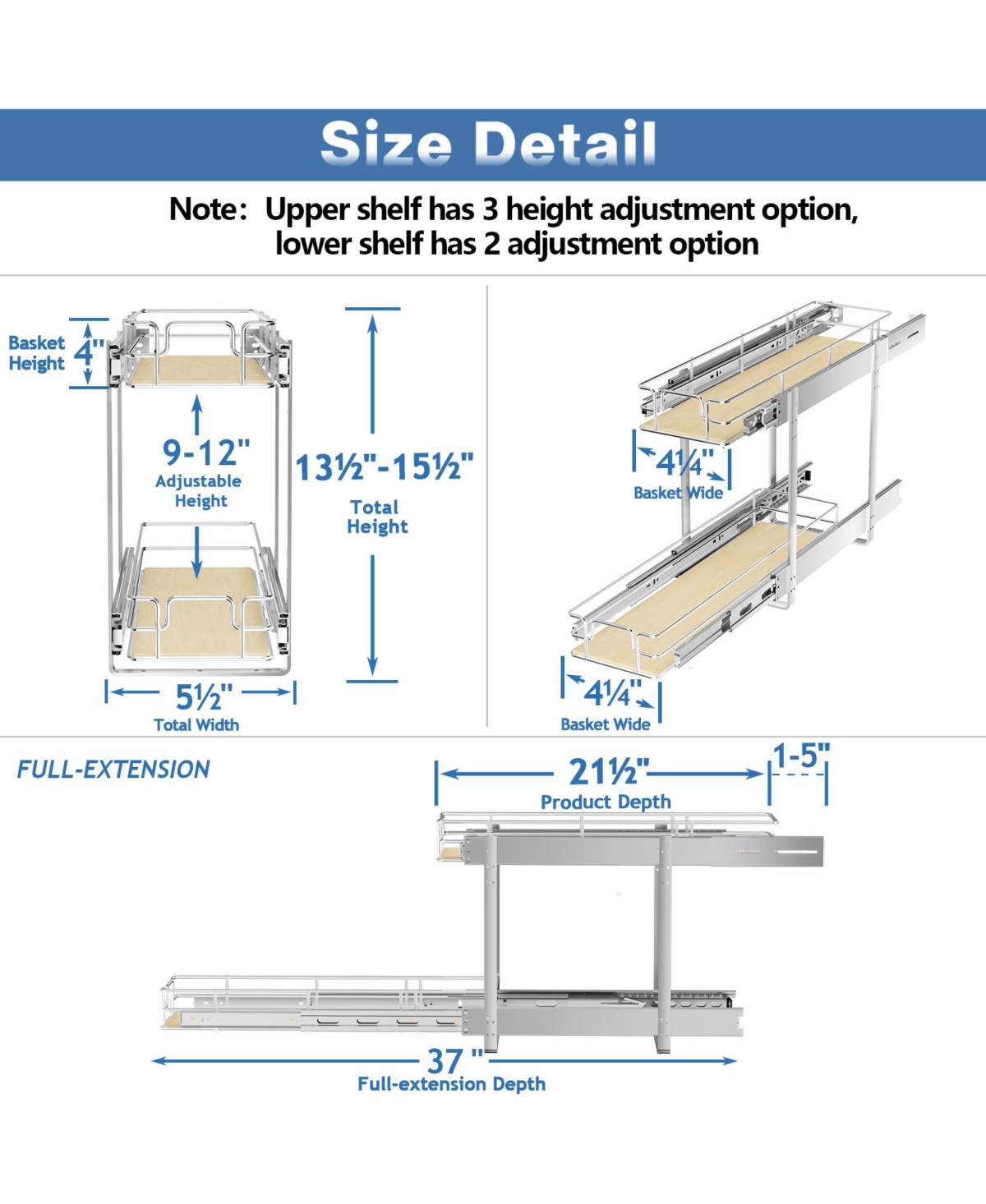 Lovmor 2 Tier Individual Pull Out Cabinet Organizer D Slide Wood Shelves Storage for Kitchen