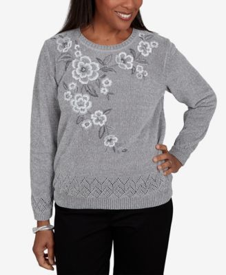 Women's Classic Embroidered Floral Textured Chenille Sweater