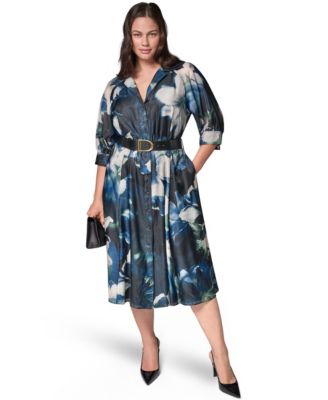 Plus Size Collared Belted Printed Midi Shirt-Dress