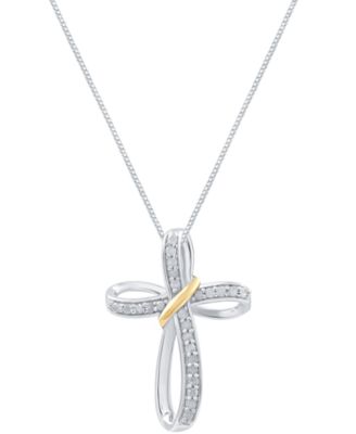 Diamond Cross 18" Pendant Necklace (1/4 ct. t.w.) in Sterling Silver & 14k Gold-Plate