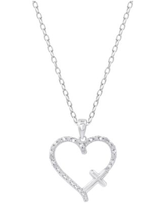 Diamond Heart & Cross 18" Pendant Necklace (1/10 ct. t.w.) in Sterling Silver or Sterling Silver & 14k Gold-Plate