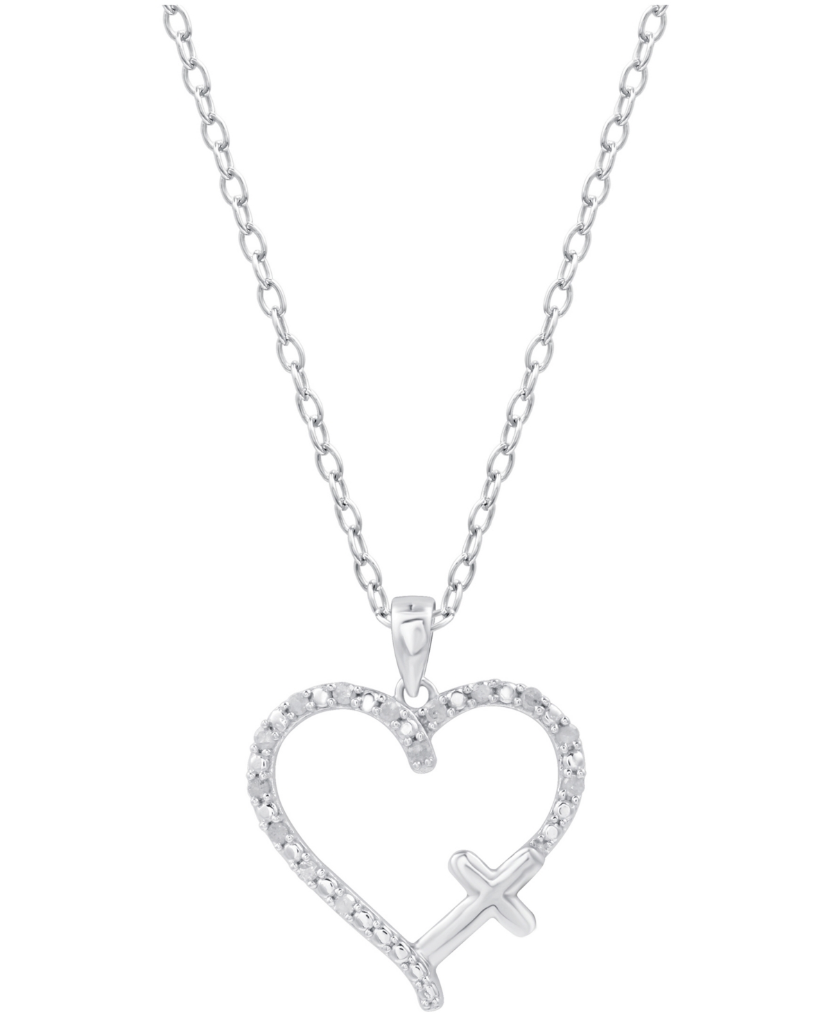 Diamond Heart & Cross 18" Pendant Necklace (1/10 ct. t.w.) in Sterling Silver or Sterling Silver & 14k Gold-Plate - Sterling Silver
