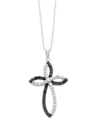 Black & White Diamond Cross 18" Pendant Necklace (1/6 ct. t.w.) in Sterling Silver