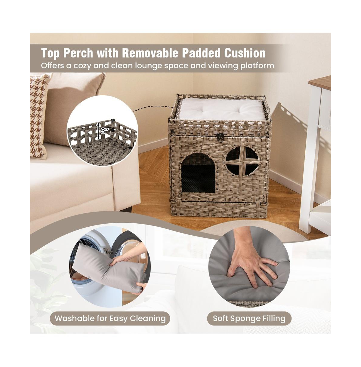 Ruie Foldable 2-Tier Rattan Cat Litter Box Enclosure House with Litter Mat
