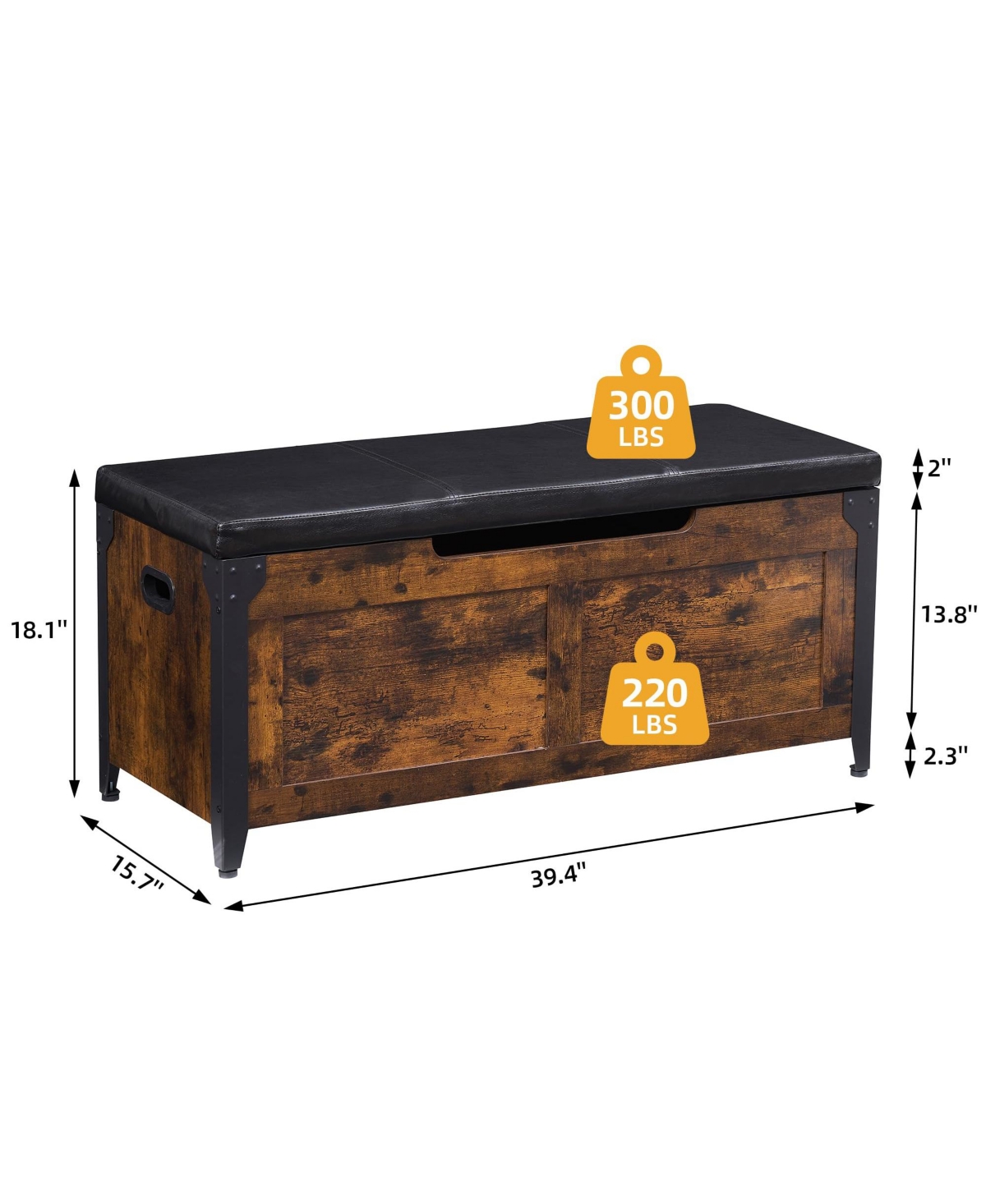 homfan 39.4 Inch Lift Top Storage Bench, Set of 2 Load Capacity Wooden Storage Chest with Cushion Seat, Safety Hinges, Storage Trunk with Metal Frame