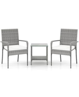 3 Piece Patio Furniture Set with Seat Cushions and Tempered Glass Tabletop for Balcony