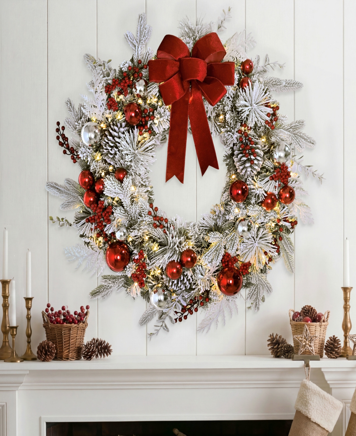 Puleo International 32" Pre-Lit Flocked Artificial Christmas Wreath
