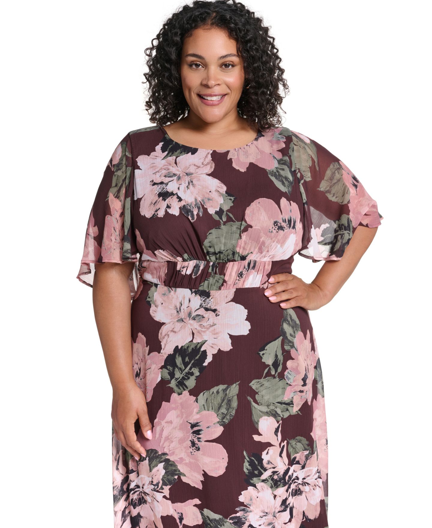 Женское платье Calvin Klein Plus Flutter-Sleeve Floral Chiffon Fit & Flare, цвет: Кофейный разноцветный — фото 2