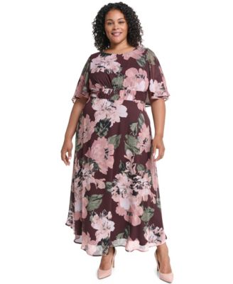 Plus Size Smocked-Waist Chiffon Floral Midi Dress