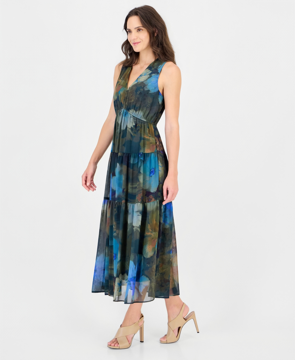 Robbie Bee Women's Sl Tiered Maxi Sleeveless V-Neck Floral-Print Dress
