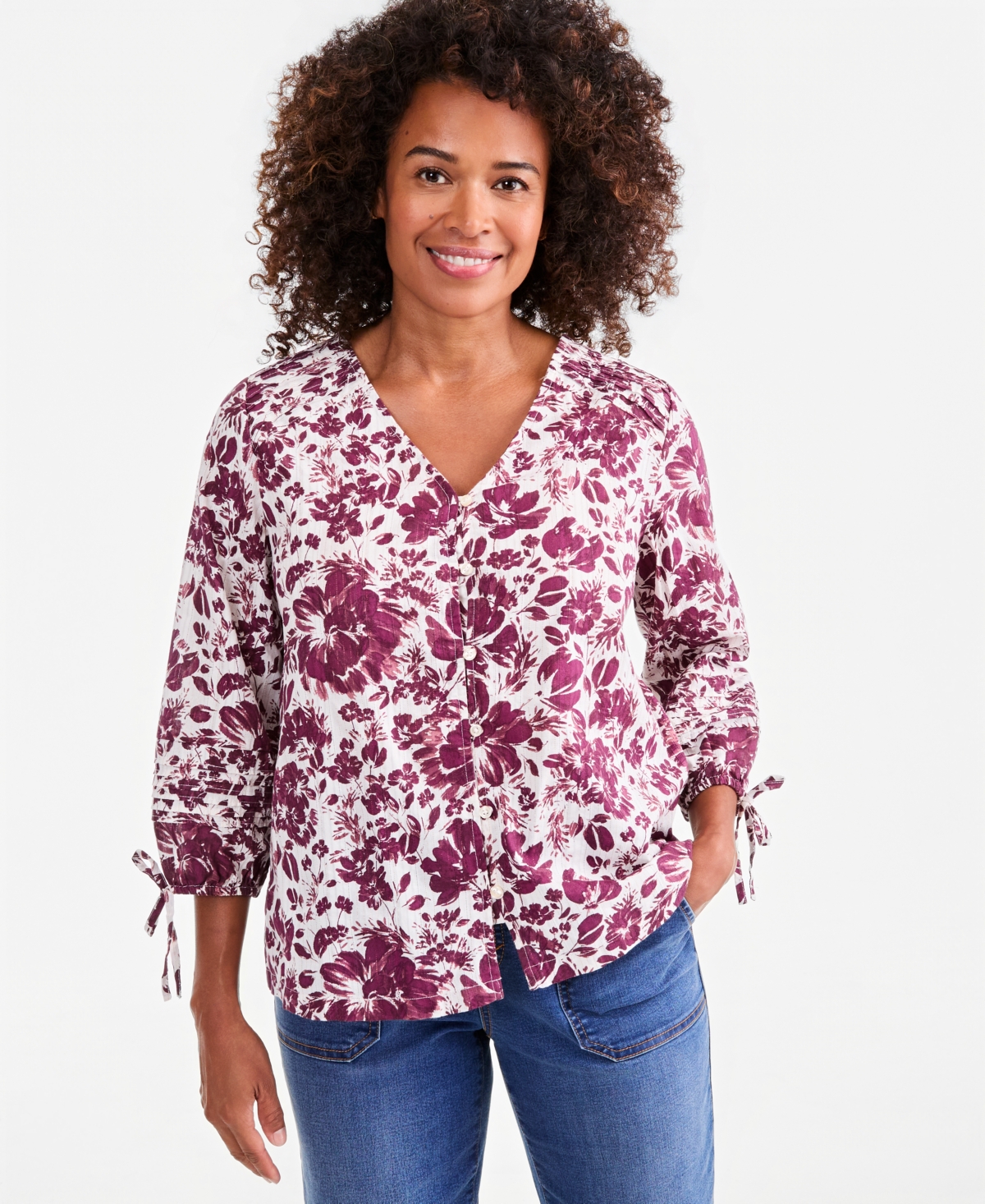 Style & Co Women's Printed 3/4 Sleeve Lurex Woven Top, Macy's Exclusive