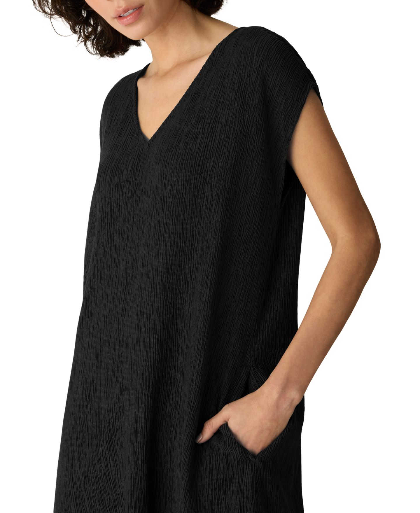 Женское платье Eileen Fisher Woven Plissé V-Neck A-Line Midi, цвет: Чёрный — фото 3
