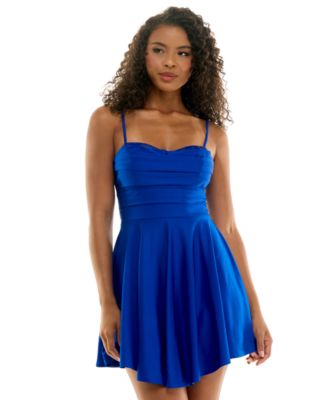 Juniors' Satin Sweetheart Rhinestone Trim Neckline Fit & Flare Dress