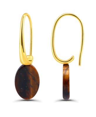 14K Gold Plated Genuine Stone Oval Hardwire Fishhook Drop Earrings