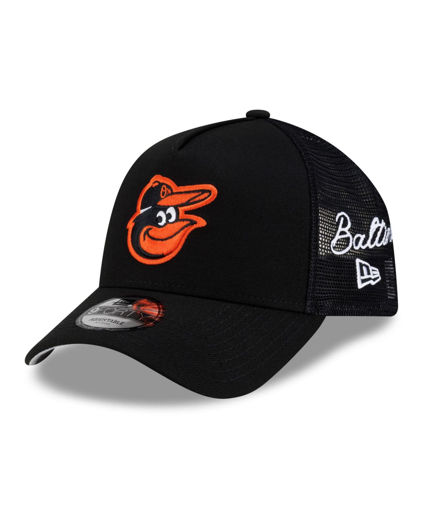 Мужская кепка New Era Black Baltimore Orioles Side Script 9FORTY A-Frame Trucker Adjustable Hat — фото 1