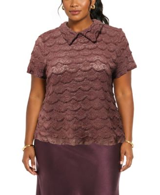 Plus Size Scallop Edge Lace Short-Sleeve Top