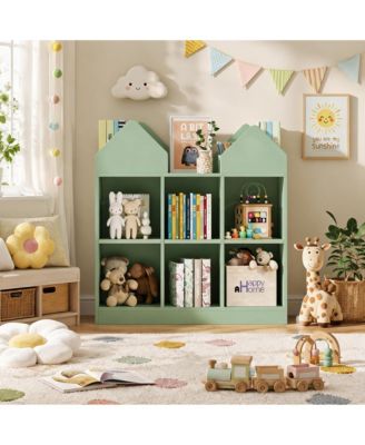 Toy Storage Organizer with Book Racks and Open Cubbies, Castle Design Kids Bookshelf Toy Storage, Toddler Toy Chest for Playroom, Nursery, Daycare Use