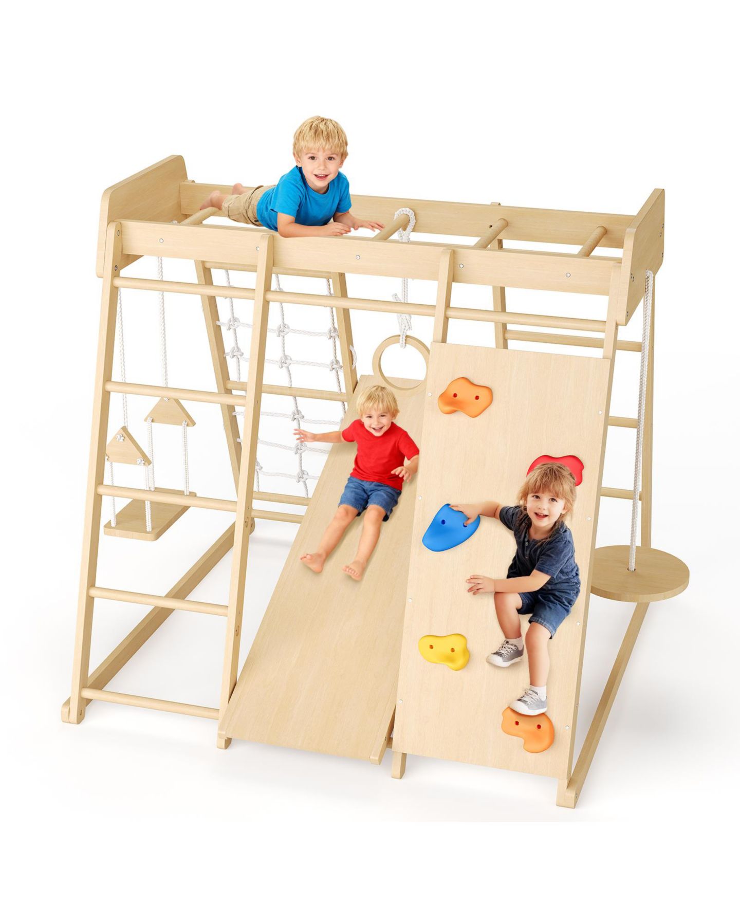 Детские фигурки homfan 6 in 1 Wooden Indoor Jungle Gym, Wood Climbing Playset with Slide and Monkey Bars for Kids Ages 1 to 8, цвет: Жёлтый — фото 8