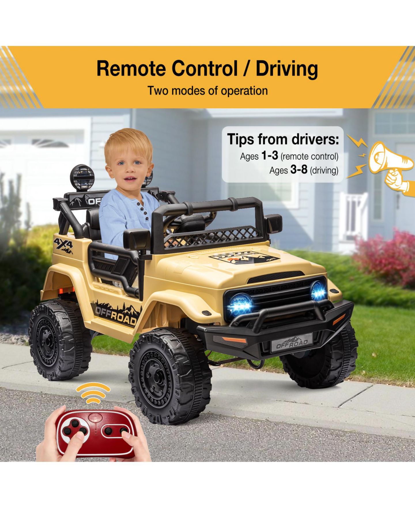 Детская игрушка homfan Ride-On Truck Car, 4-Wheel Electric Vehicle, Remote Control, LED Lights, Music and Horn, Suspension, Dual Speeds, цвет: Бежевый / Хаки — фото 3
