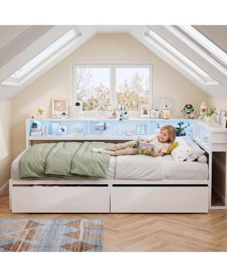 Twin Daybed Frame with Corner Design – Storage Shelf and Drawers, Bookcase Headboard, Charging Station and LED Light, Metal Platform Sofa Bed