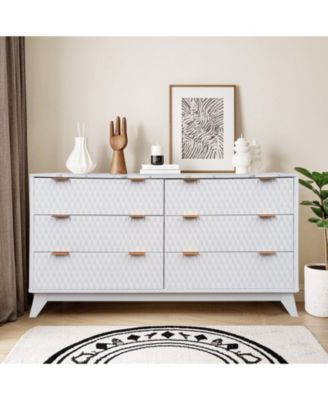 Modern 6 Drawer Fluted Wood Dresser Faux Marble Top Handles Spacious Bedroom Storage Chest for Clothes Organization