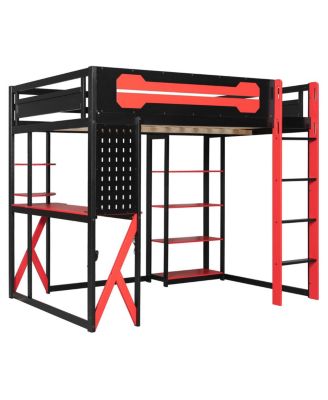 Wood Loft Bed with Desk, Shelves, Power, USB-C, RGB Light