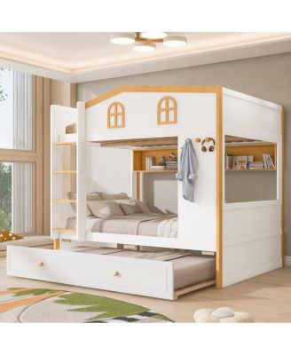 Full over Full House Bunk Bed with Storage Shelves and Trundle