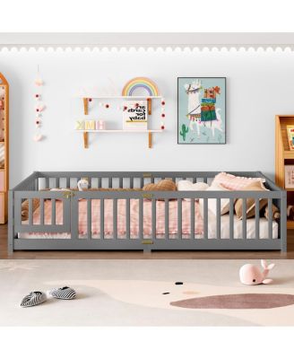 Queen Size Bed Floor Bed with Safety Guardrails and Door for Kids