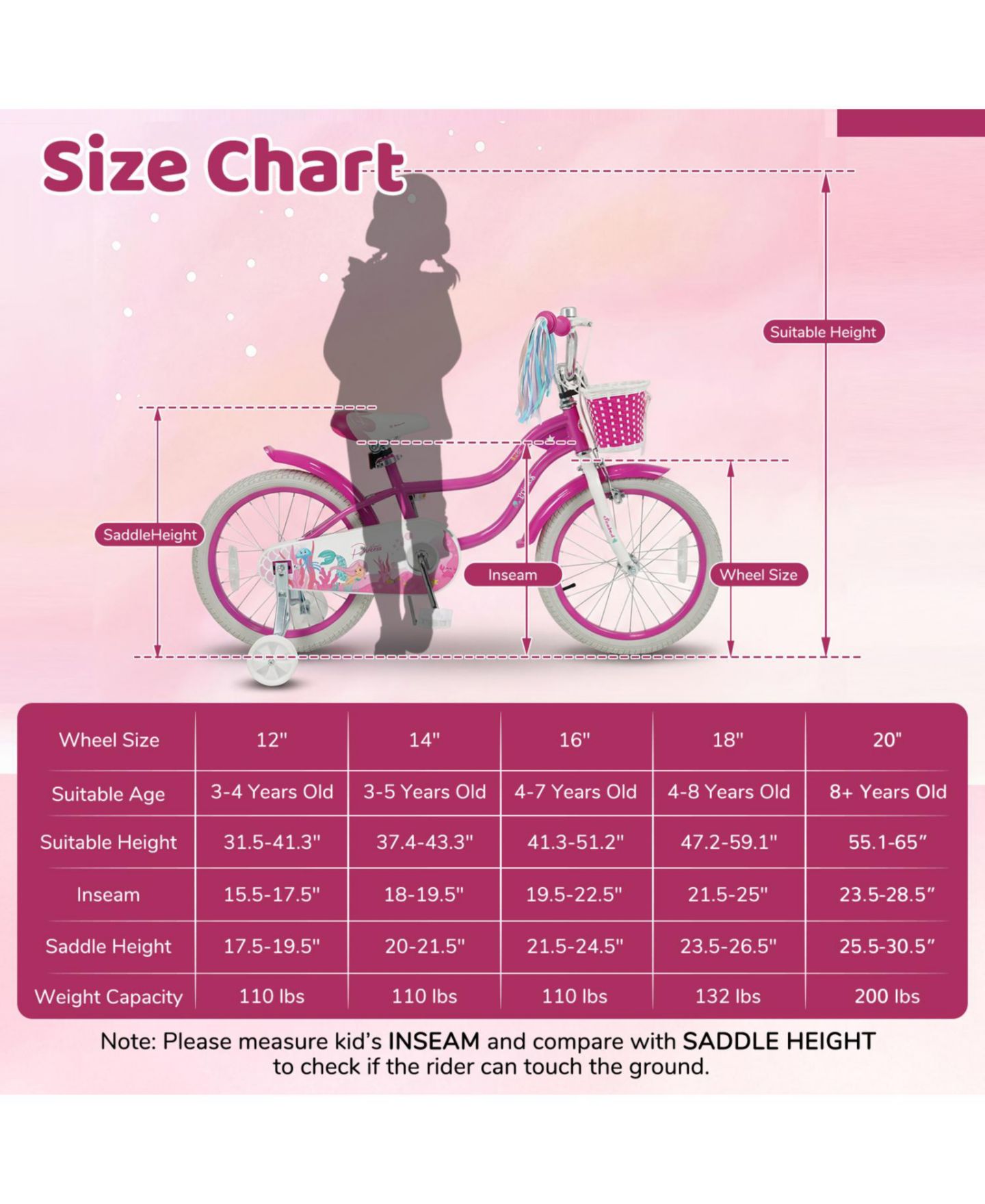 Детская игрушка Slickblue 14" Kids Bike with Adjustable Seat, Training Wheels & Front Basket, от 3 лет, цвет: Розовый красный — фото 3