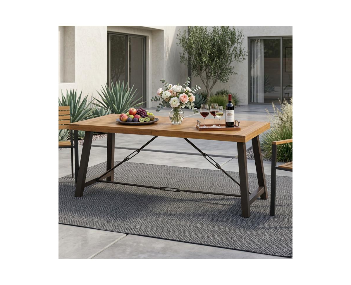 sumyeg Outdoor Acacia Wood Metal Base Dining Table with Teak Finish