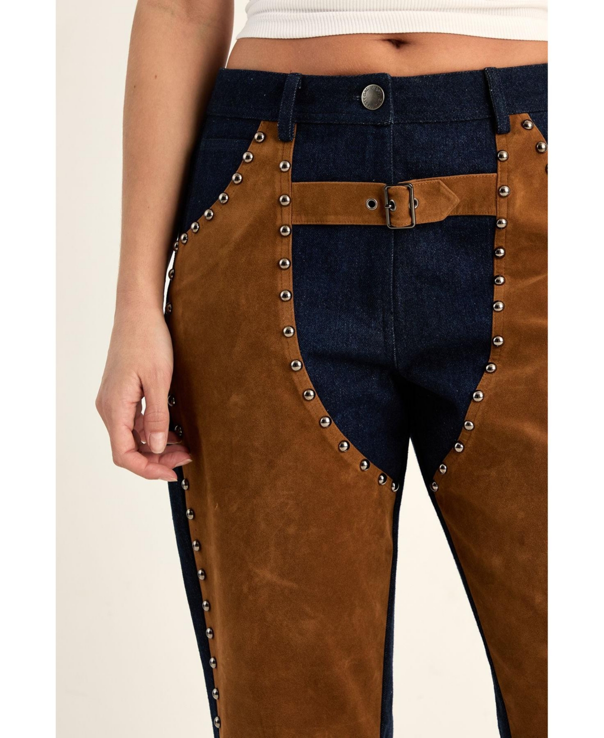 Nasty Gal Women's Denim Studded Suedette Mix Chap Jean