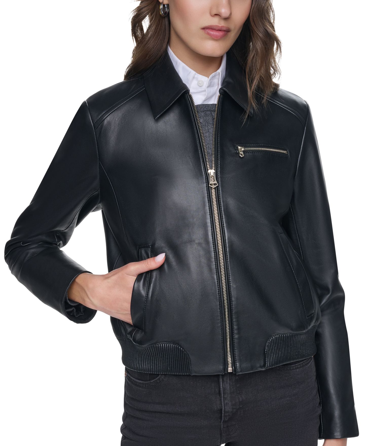 Женская куртка Cole Haan Smooth Lamb Bomber, цвет: Чёрный — фото 1